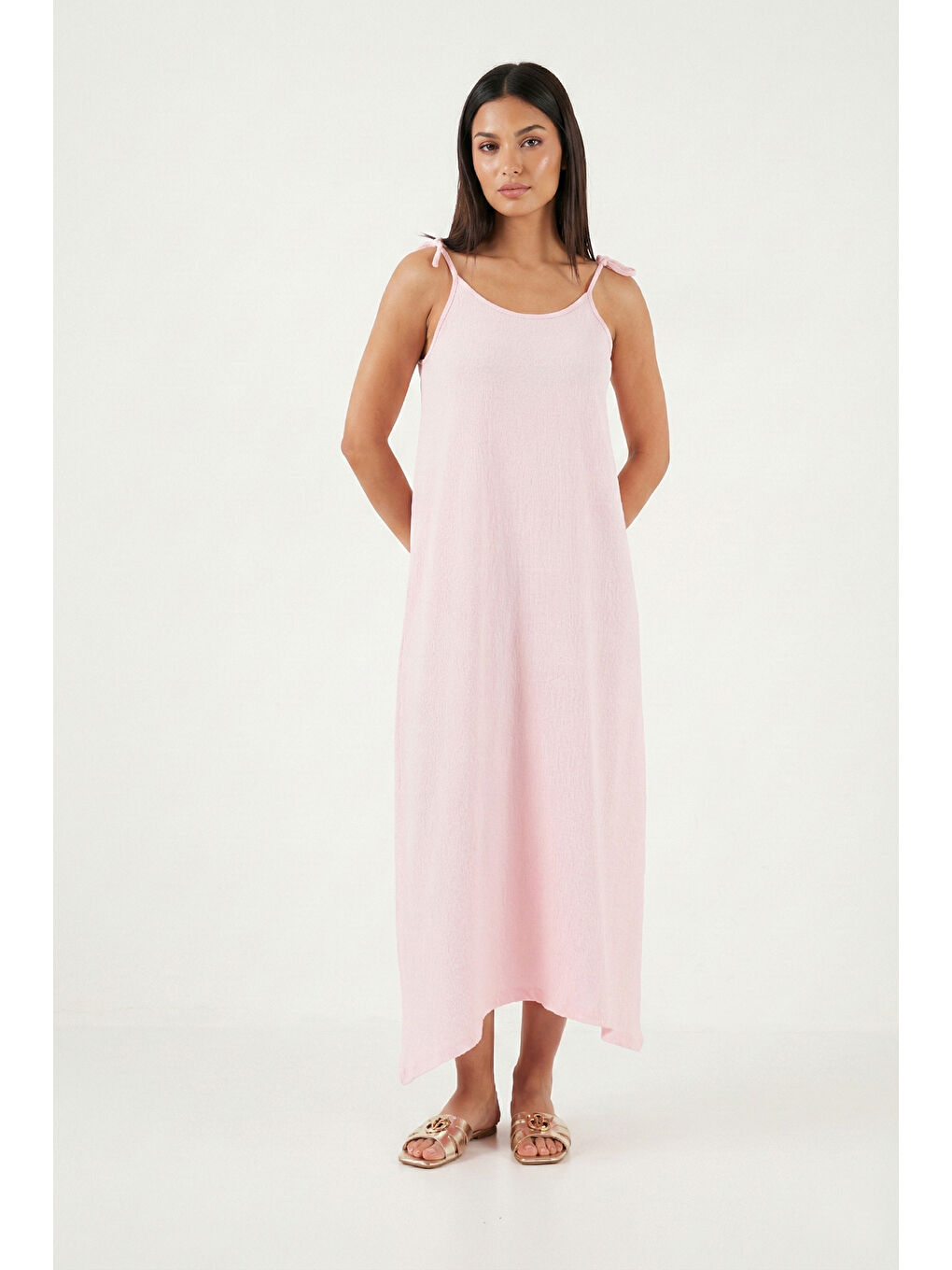 Pembe Regular Fit İp Askılı Uzun Kadın Elbise 5865732-1