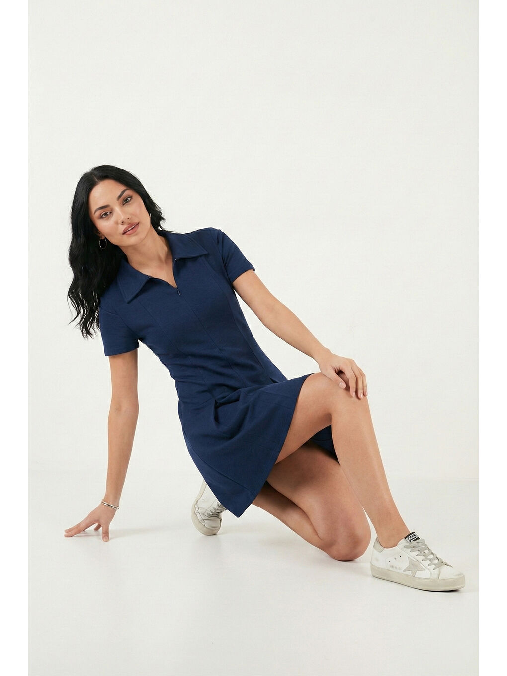 Lacivert Fitted Fit Klasik Yaka Fermuar Detaylı Pileli Kadın Mini Elbise 5866659-4