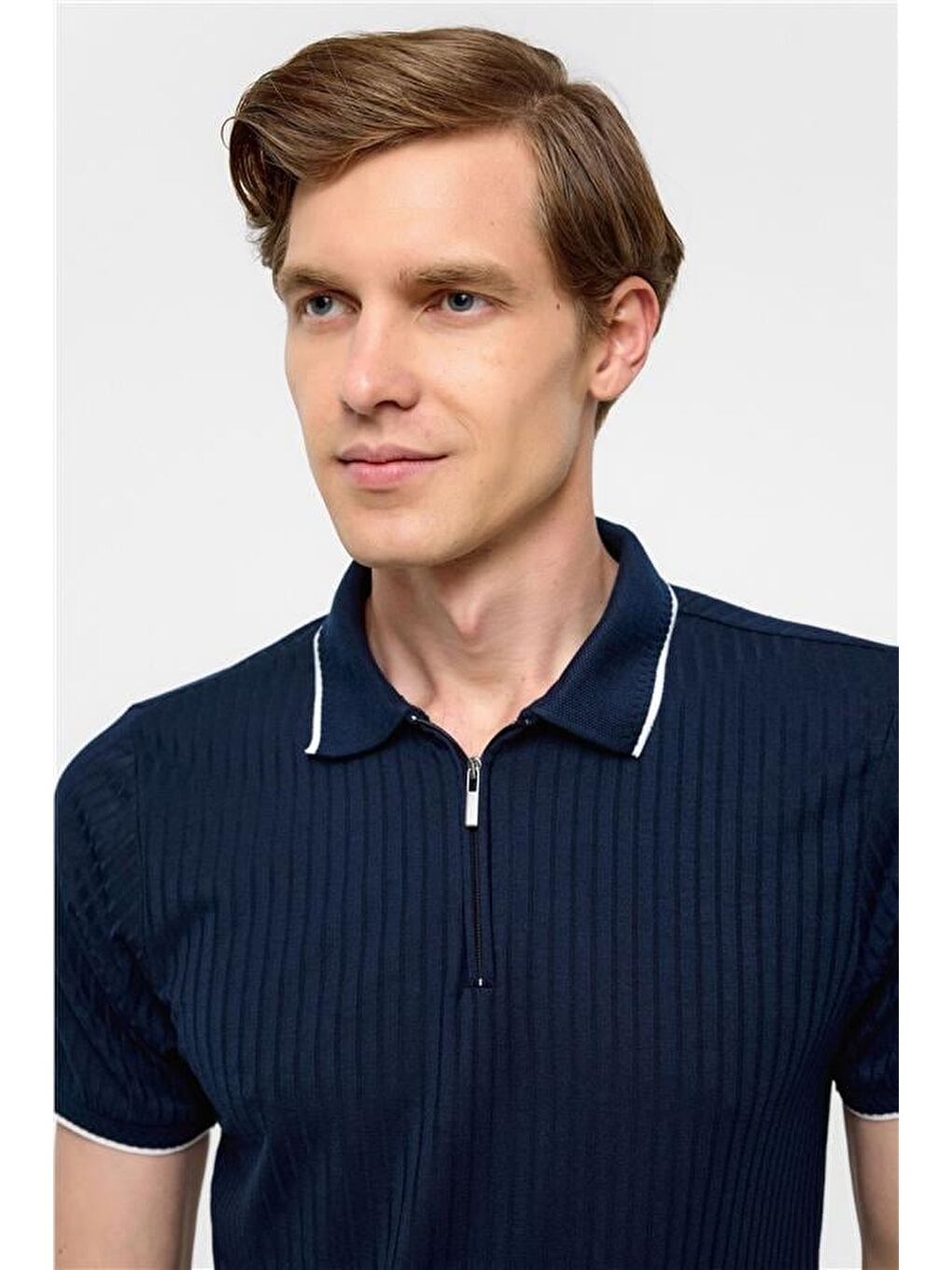 Lacivert Slim Fitilli Polo Yaka Tişört-3