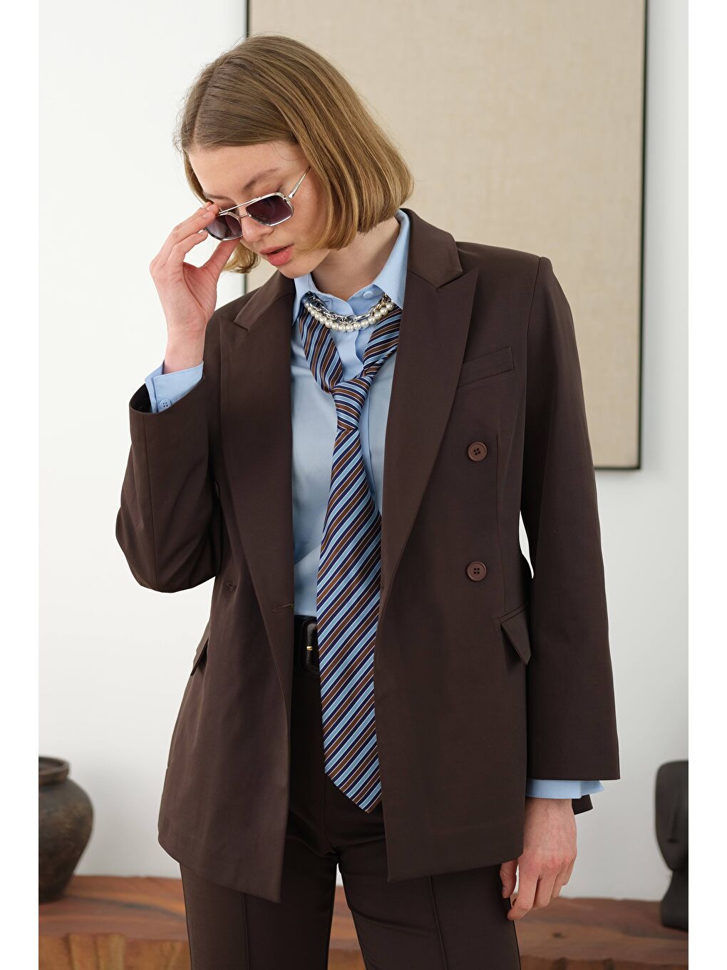 Kahverengi Bele Oturtmalı Ceket Acı Kahve-4