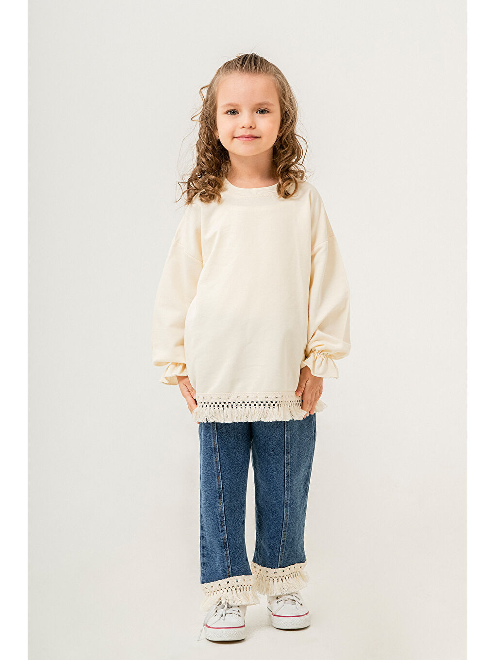 Lacivert Jean Pantolonlu Püskül Detaylı Badili Kız Çocuk Takım 20398