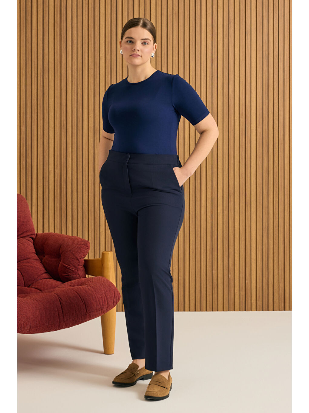 Lacivert Beli Lastikli Dokuma Pantolon-2