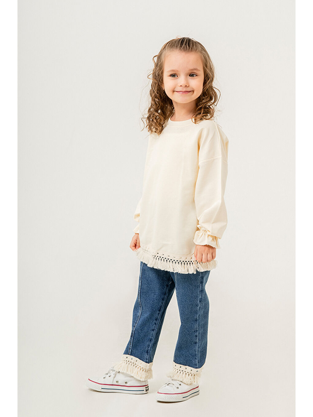 Lacivert Jean Pantolonlu Püskül Detaylı Badili Kız Çocuk Takım 20398-1