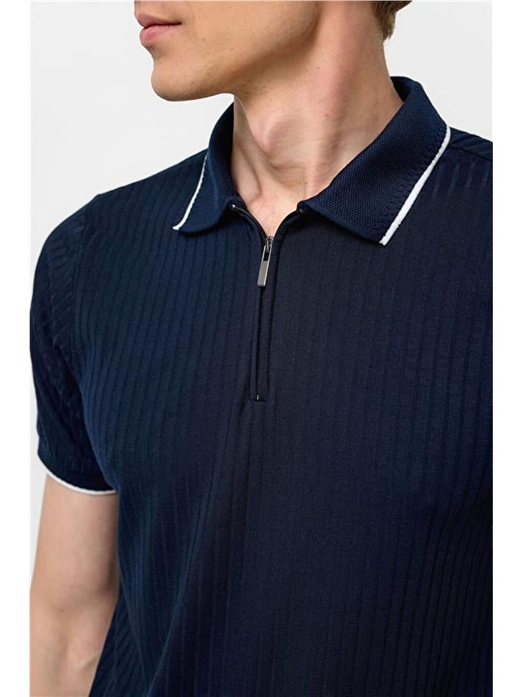 Lacivert Slim Fitilli Polo Yaka Tişört-4