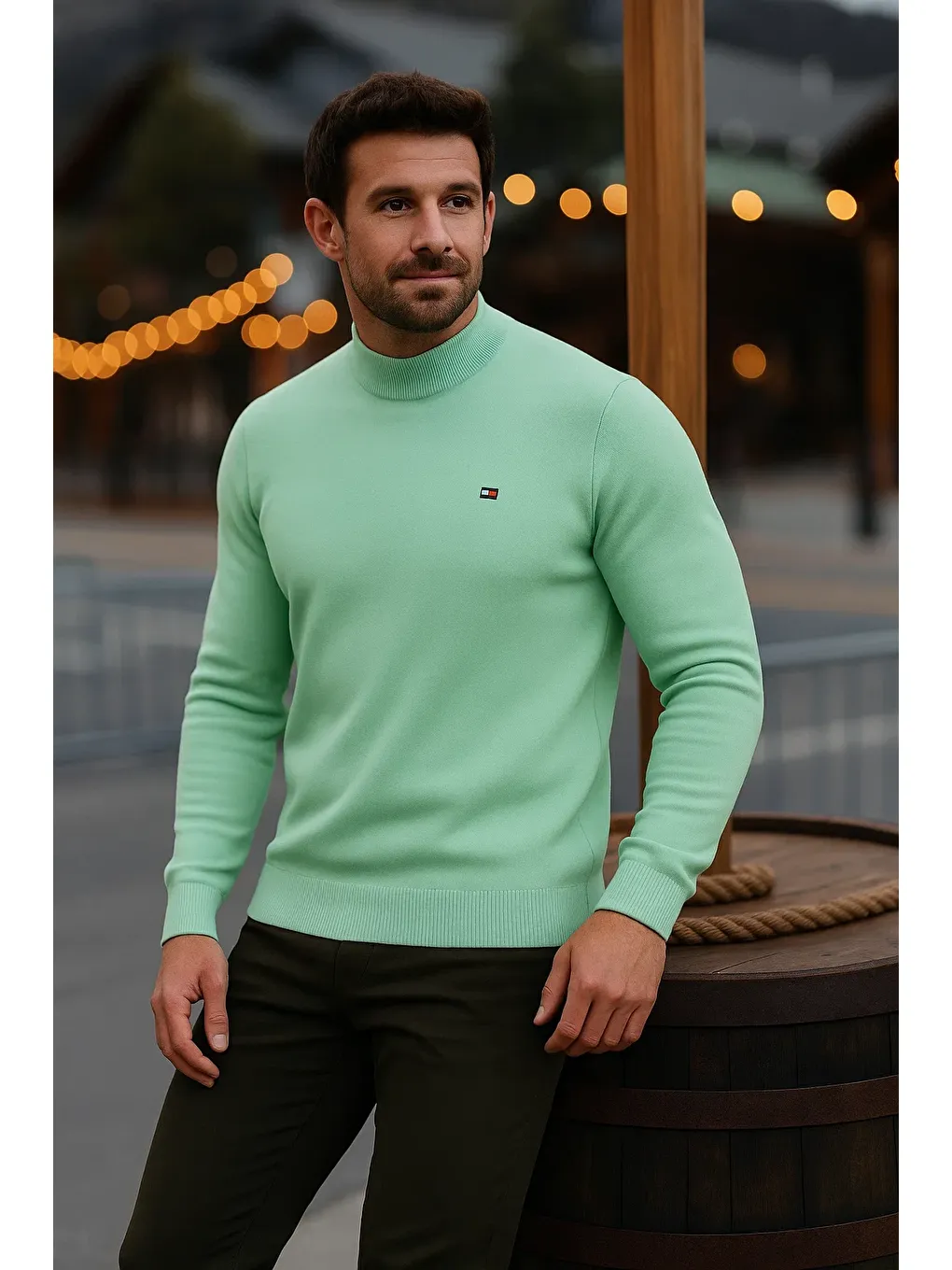 Yeşil Erkek Basic Kışlık Yarım Boğazlı Uzun Mint Kazak-1