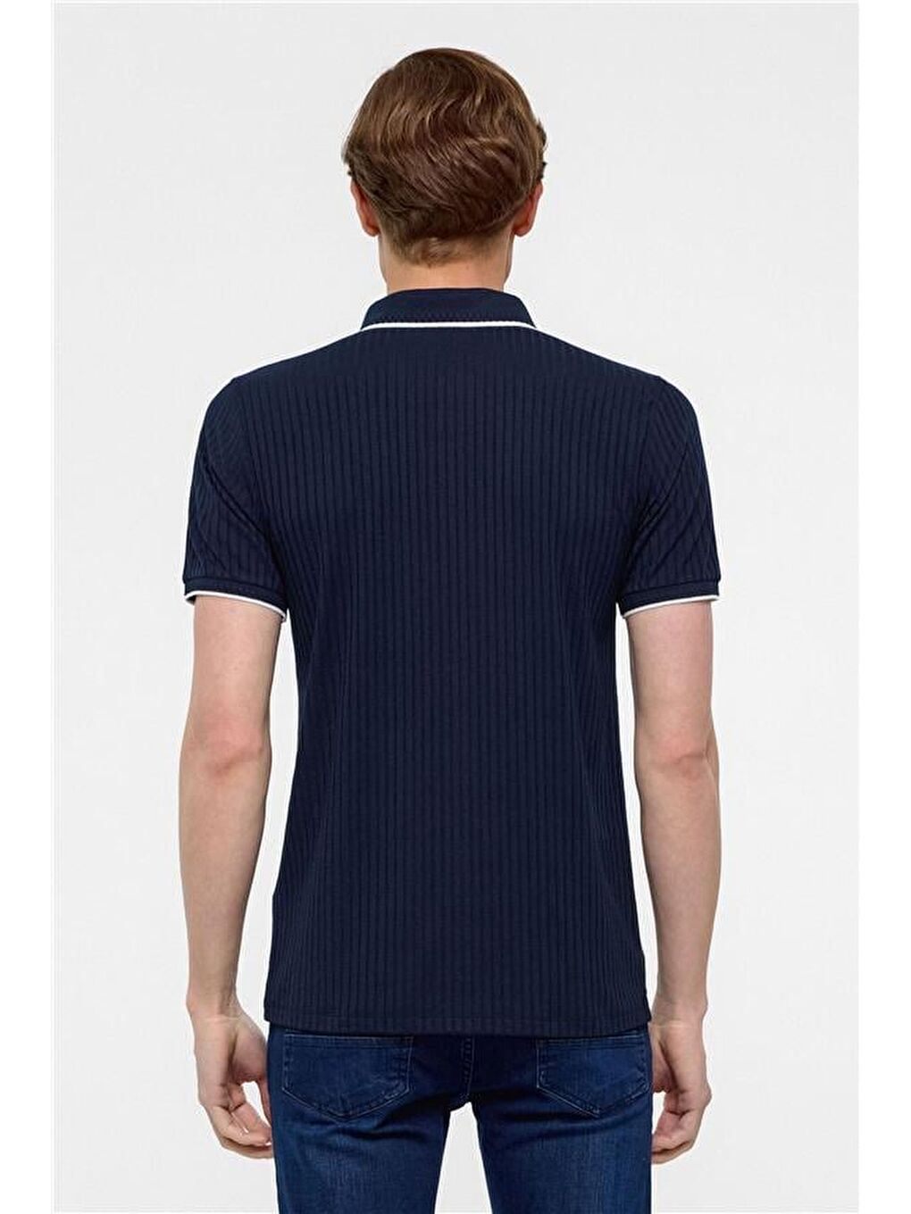 Lacivert Slim Fitilli Polo Yaka Tişört-5