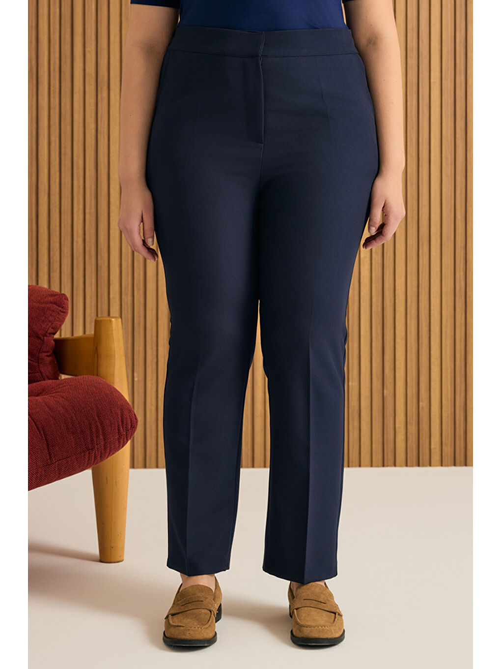 Lacivert Beli Lastikli Dokuma Pantolon-3