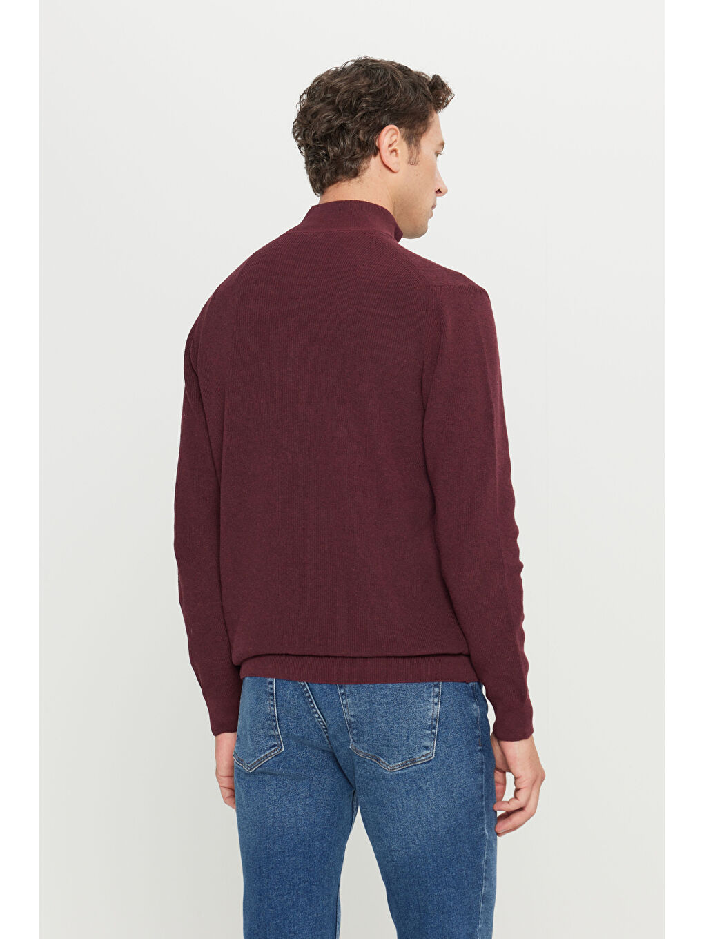 Erkek Bordo Pamuklu Standart Fit Normal Kesim Bato Yaka Jakarlı Triko Kazak-4