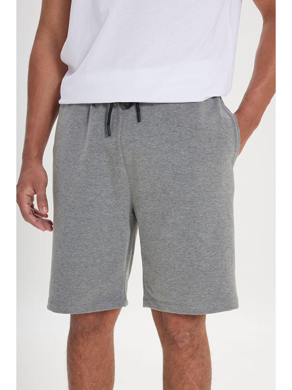 Erkek Gri Melanj Standart Fit Günlük Rahat Spor Örme Şort-3