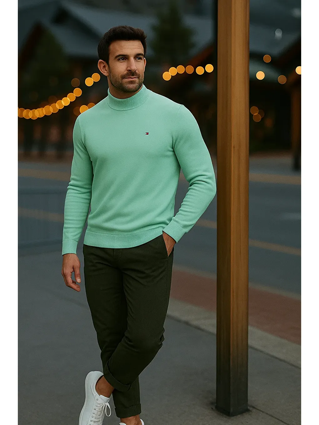 Yeşil Erkek Basic Kışlık Yarım Boğazlı Uzun Mint Kazak-2