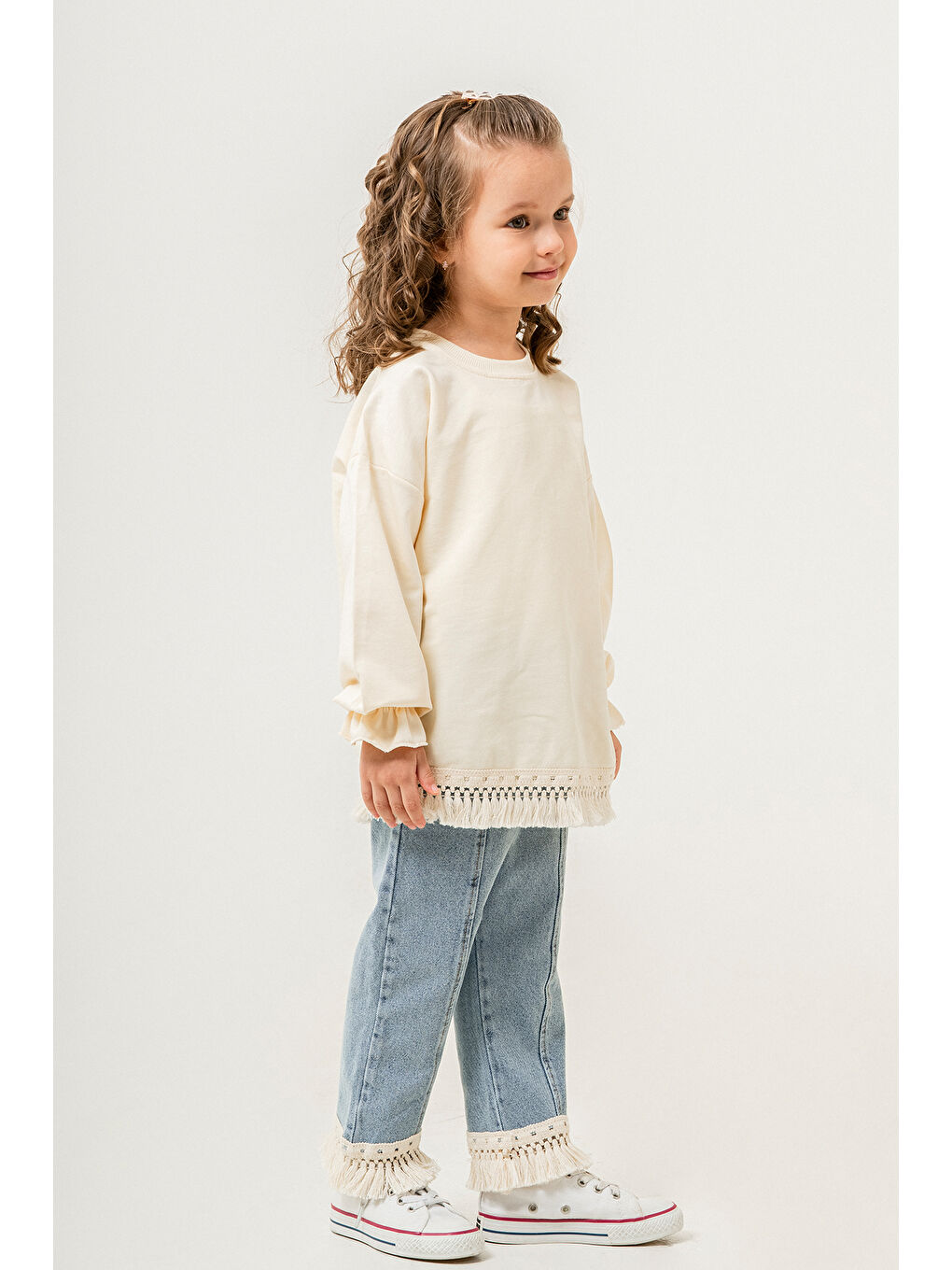 Mavi Jean Pantolonlu Püskül Detaylı Badili Kız Çocuk Takım 20399-1