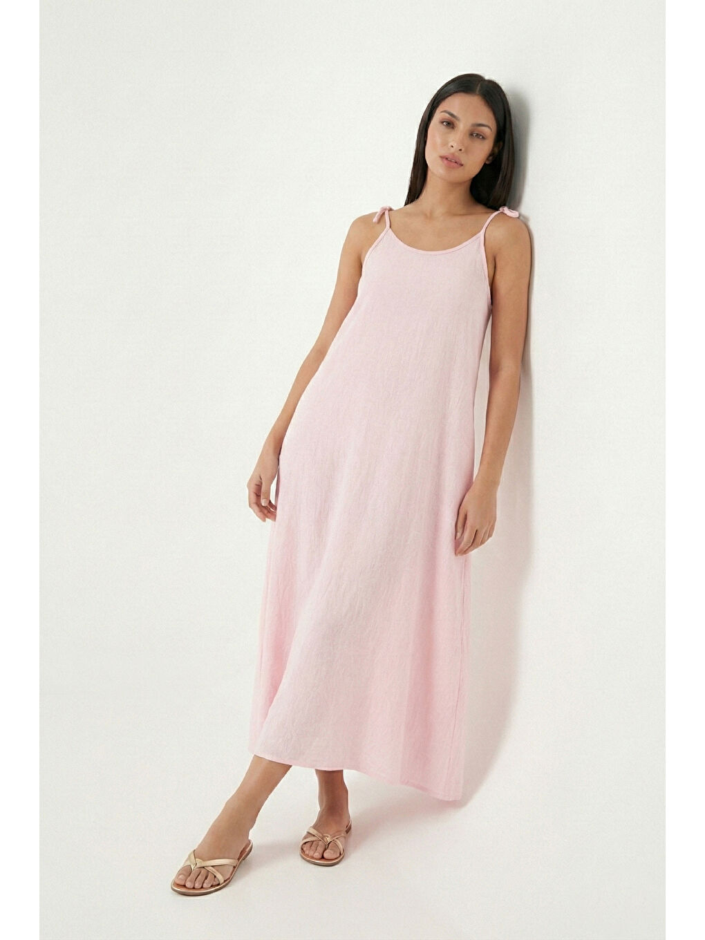 Pembe Regular Fit İp Askılı Uzun Kadın Elbise 5865732-2