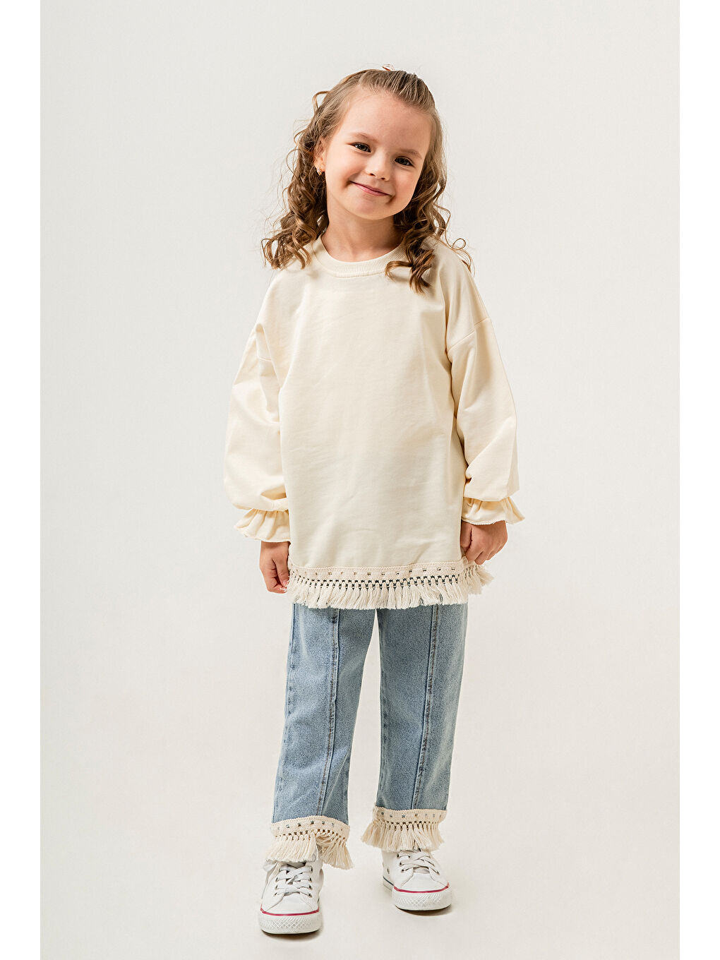 Mavi Jean Pantolonlu Püskül Detaylı Badili Kız Çocuk Takım 20399-2