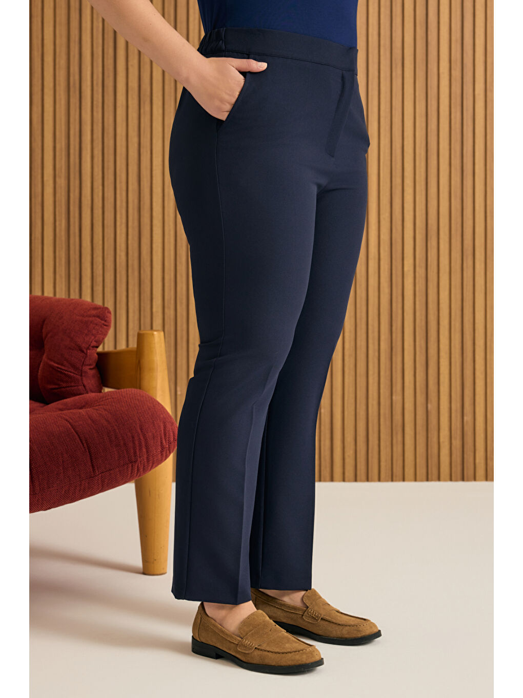 Lacivert Beli Lastikli Dokuma Pantolon-4