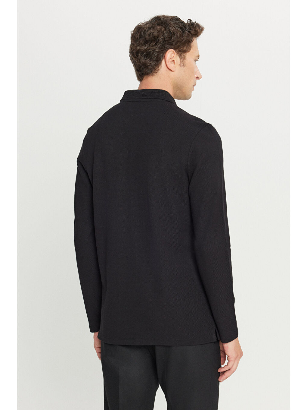 Erkek Siyah %100 Pamuk Slim Fit Dar Kesim Polo Yaka Uzun Kollu Tişört-4