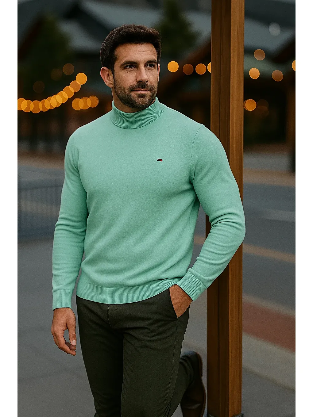 Yeşil Erkek Basic Kışlık Yarım Boğazlı Uzun Mint Kazak-3
