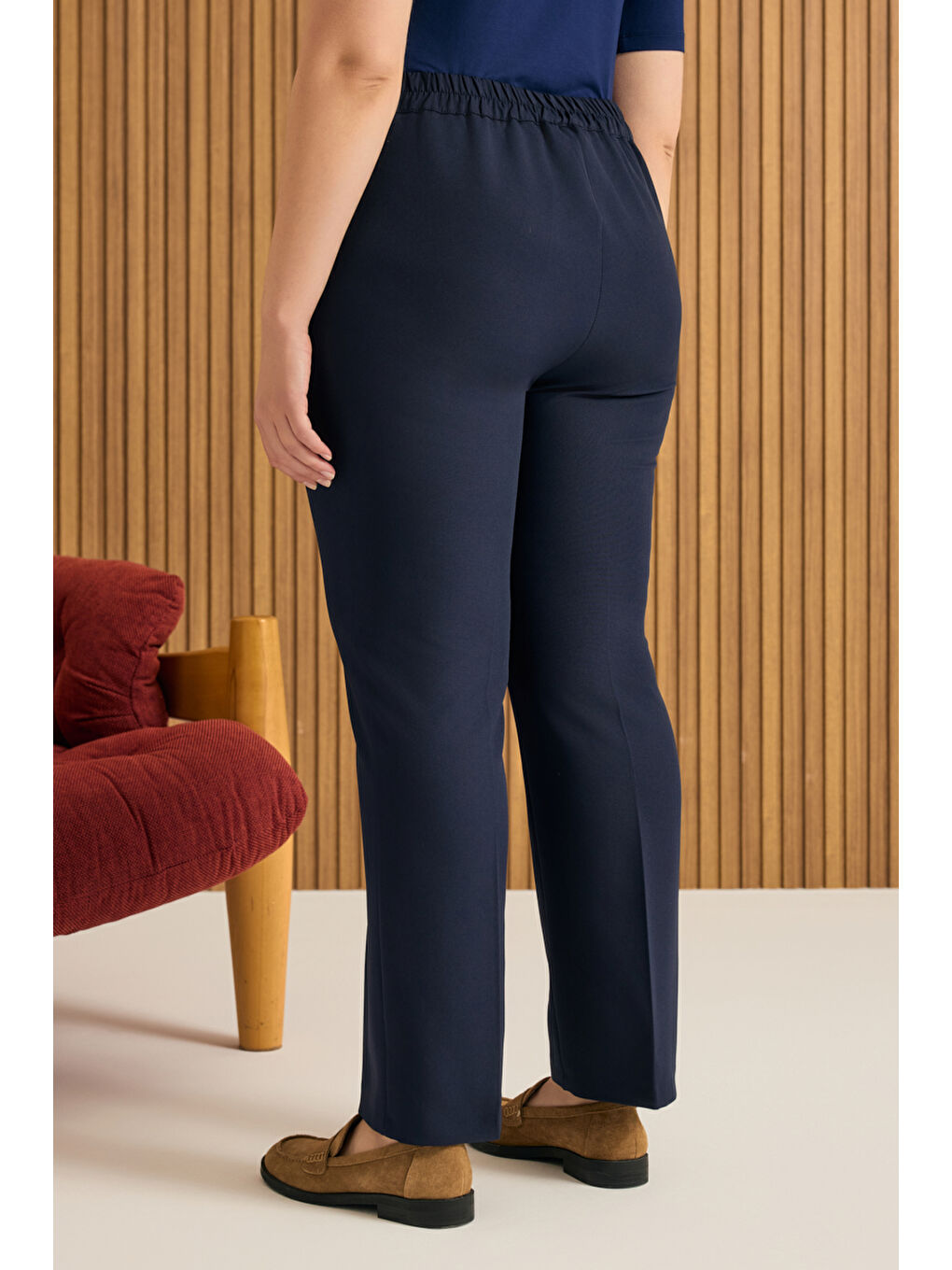 Lacivert Beli Lastikli Dokuma Pantolon-5