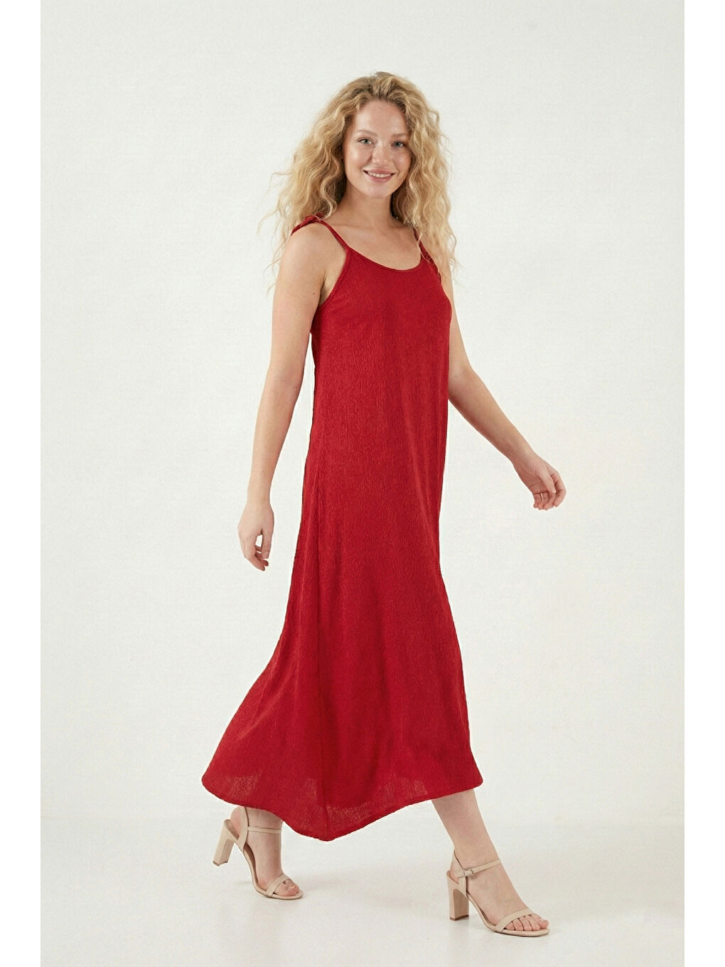 Kırmızı Regular Fit İp Askılı Uzun Kadın Elbise 5865732-3