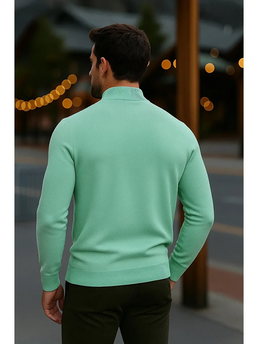 Yeşil Erkek Basic Kışlık Yarım Boğazlı Uzun Mint Kazak-4
