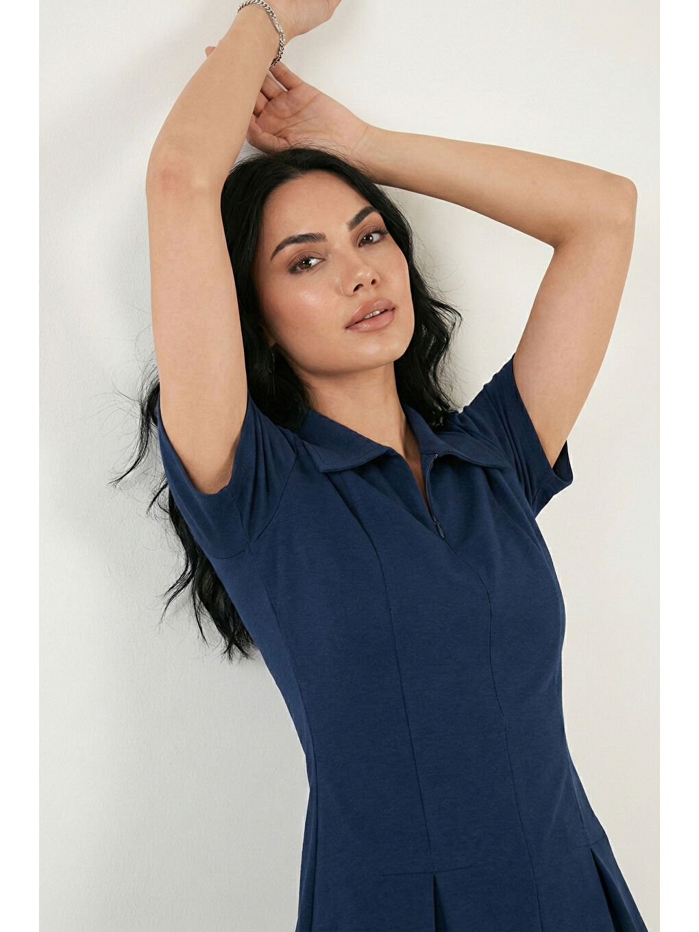 Lacivert Fitted Fit Klasik Yaka Fermuar Detaylı Pileli Kadın Mini Elbise 5866659-5