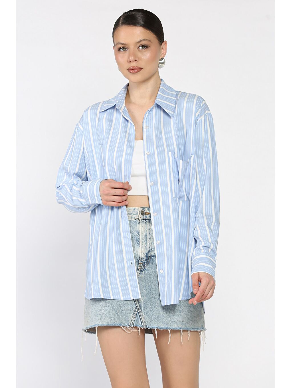 Mavi Kadın Tek Cepli Çizgili Salaş Gömlek-1