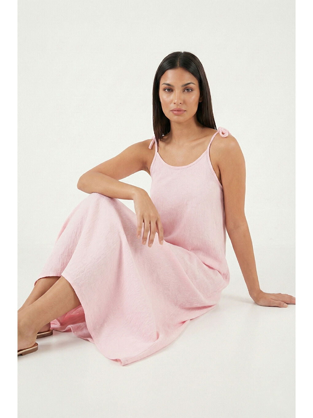 Pembe Regular Fit İp Askılı Uzun Kadın Elbise 5865732-3