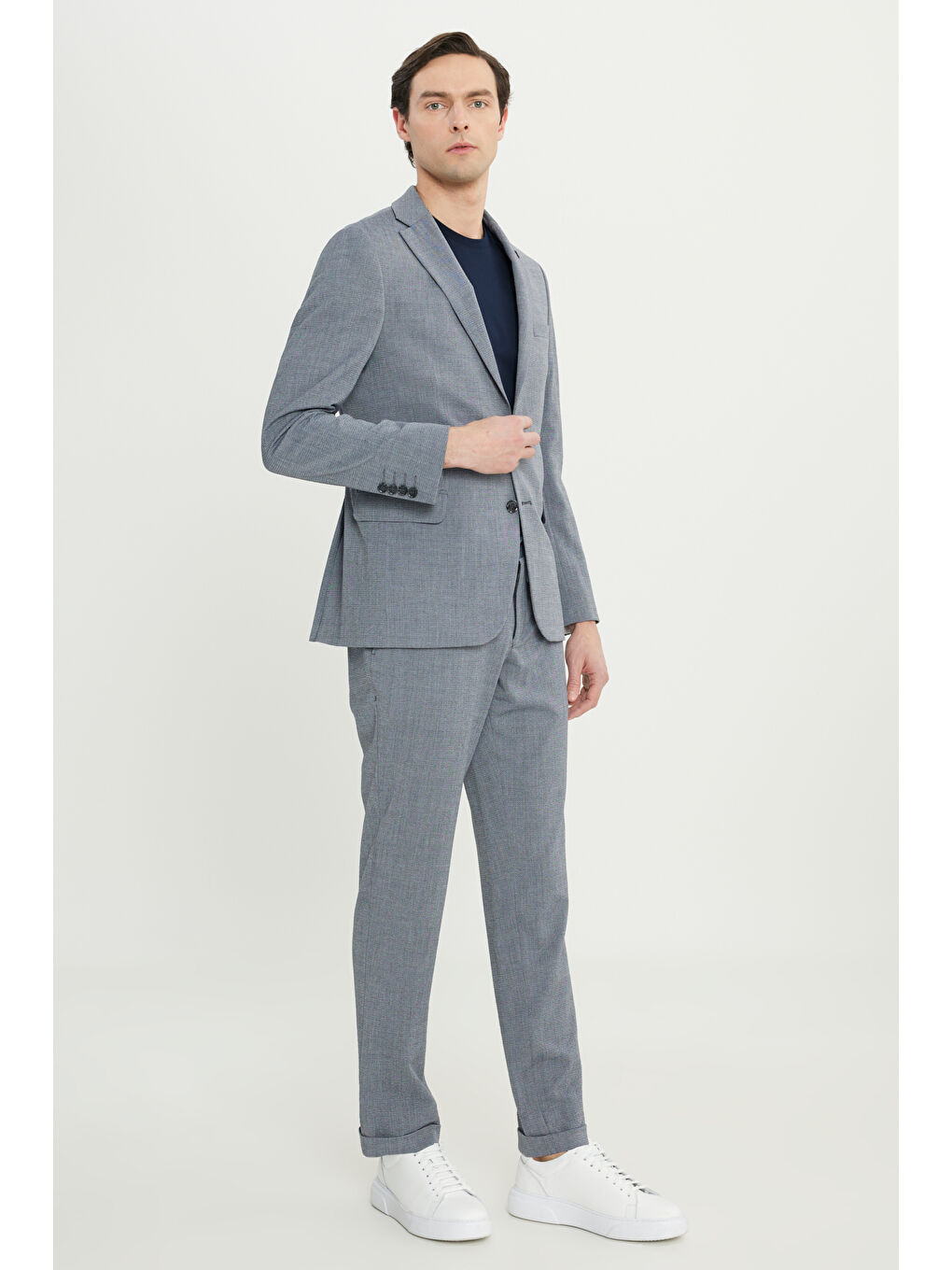 Erkek Gri Slim Fit Dar Kesim Mono Yaka Gofre Desenli Kapak Cepli Esnek Takım Elbise-1