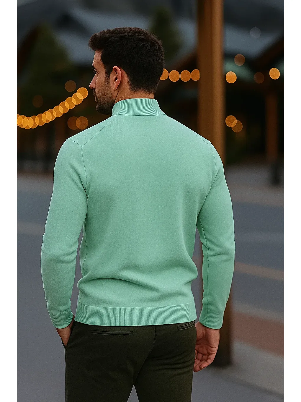 Yeşil Erkek Basic Kışlık Yarım Boğazlı Uzun Mint Kazak-5