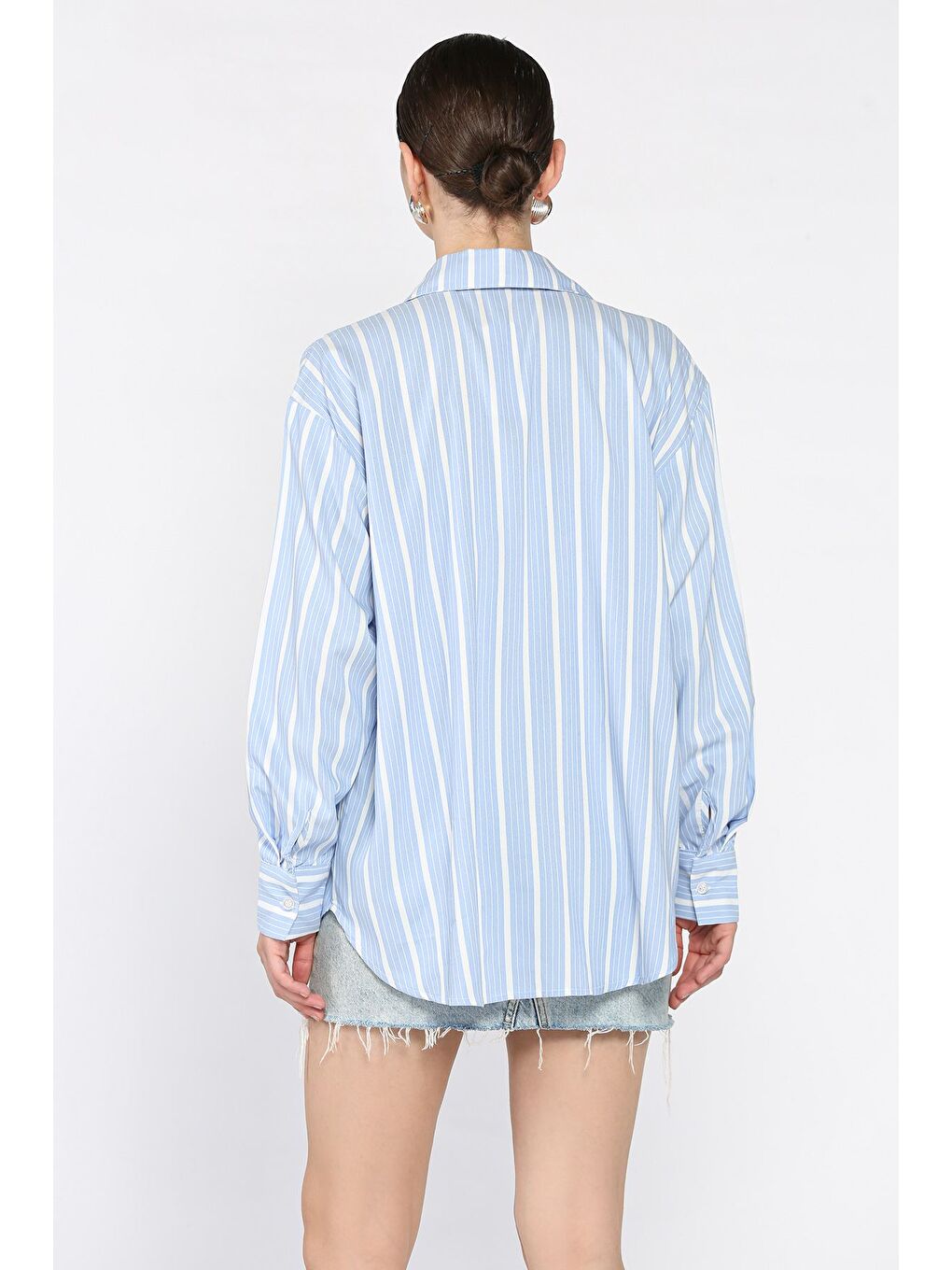 Mavi Kadın Tek Cepli Çizgili Salaş Gömlek-2