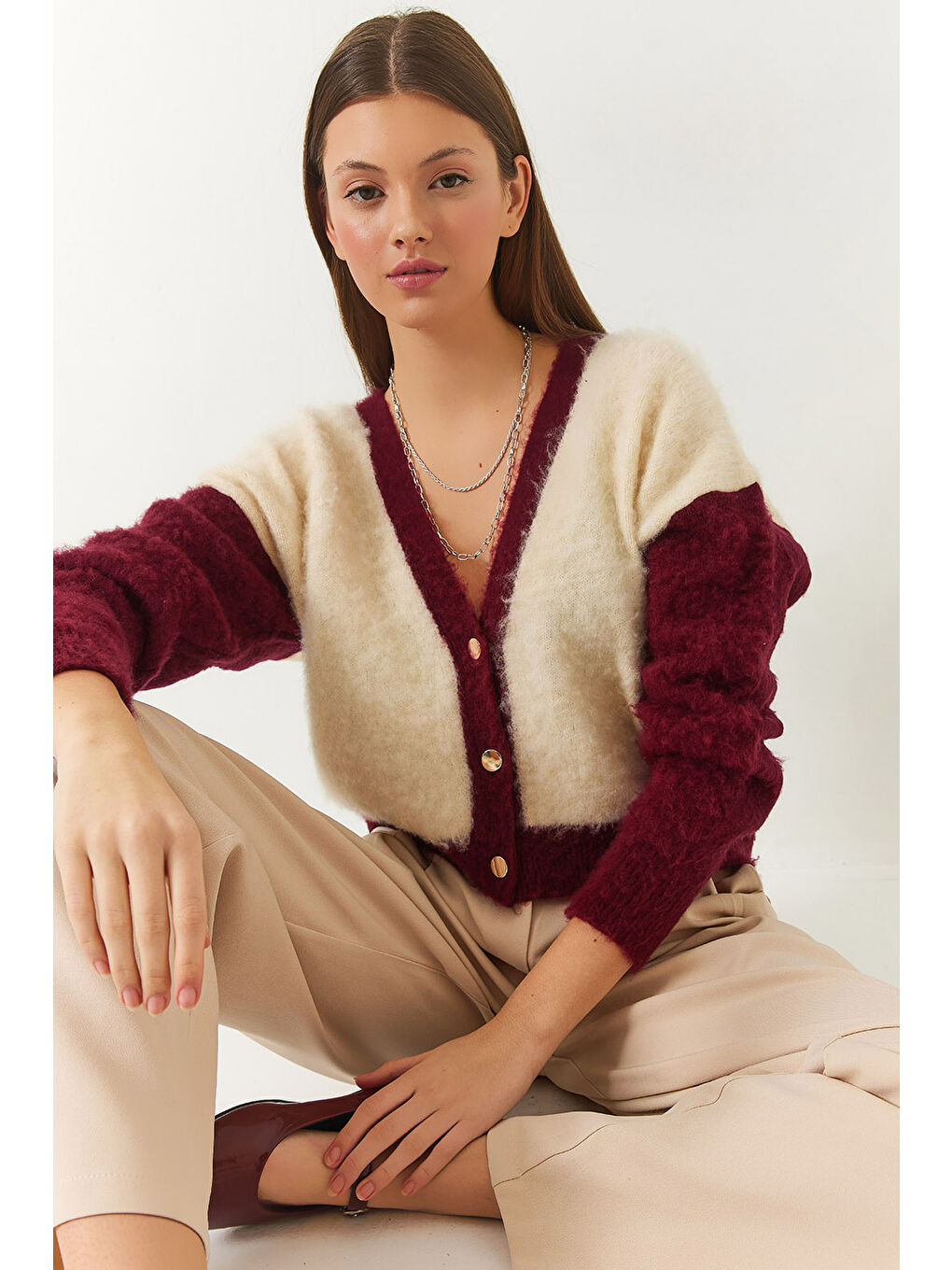 Bordo Kadın Şardonlu Triko Hırka