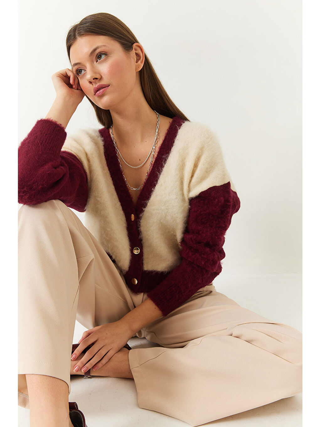 Bordo Kadın Şardonlu Triko Hırka-2