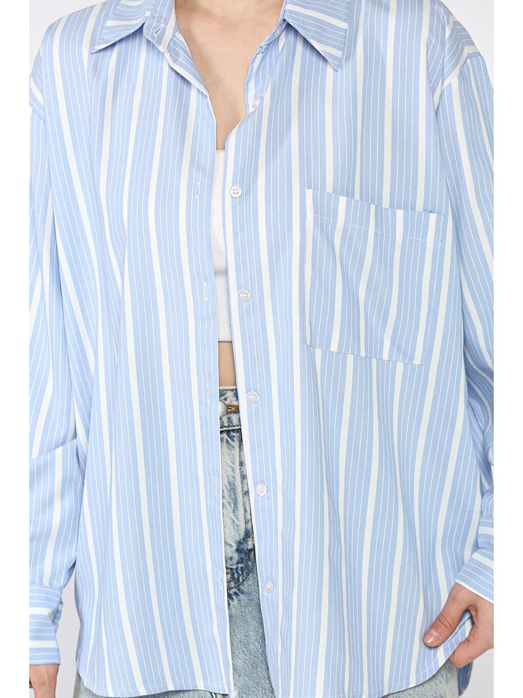 Mavi Kadın Tek Cepli Çizgili Salaş Gömlek-3