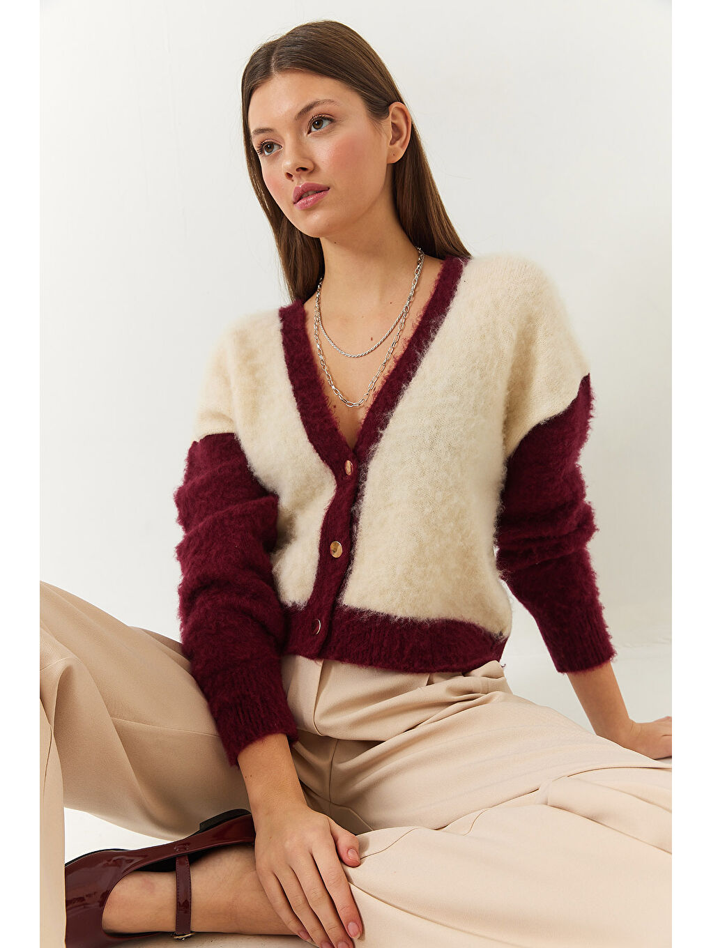 Bordo Kadın Şardonlu Triko Hırka-3