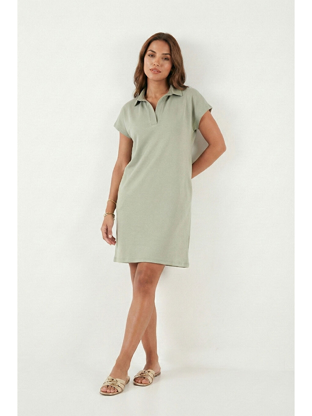 Yeşil Regular Fit Polo Yaka Mini Kadın Elbise 5866153-1