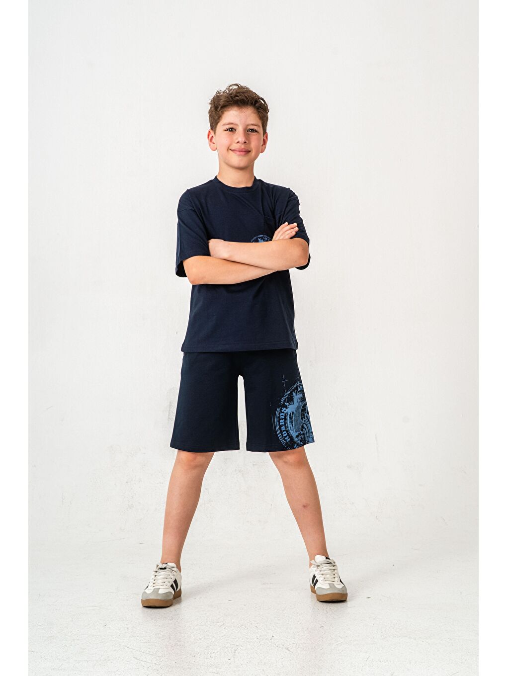 Lacivert Ust Cepli Ust Cep Baskılı Arka Baskılı Erkek Çocuk Şort - Tişört Takımı