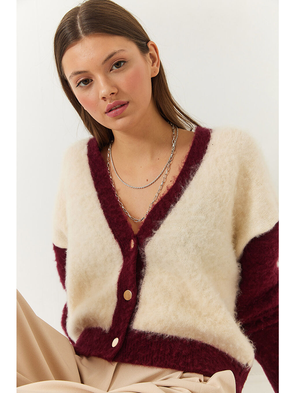 Bordo Kadın Şardonlu Triko Hırka-4