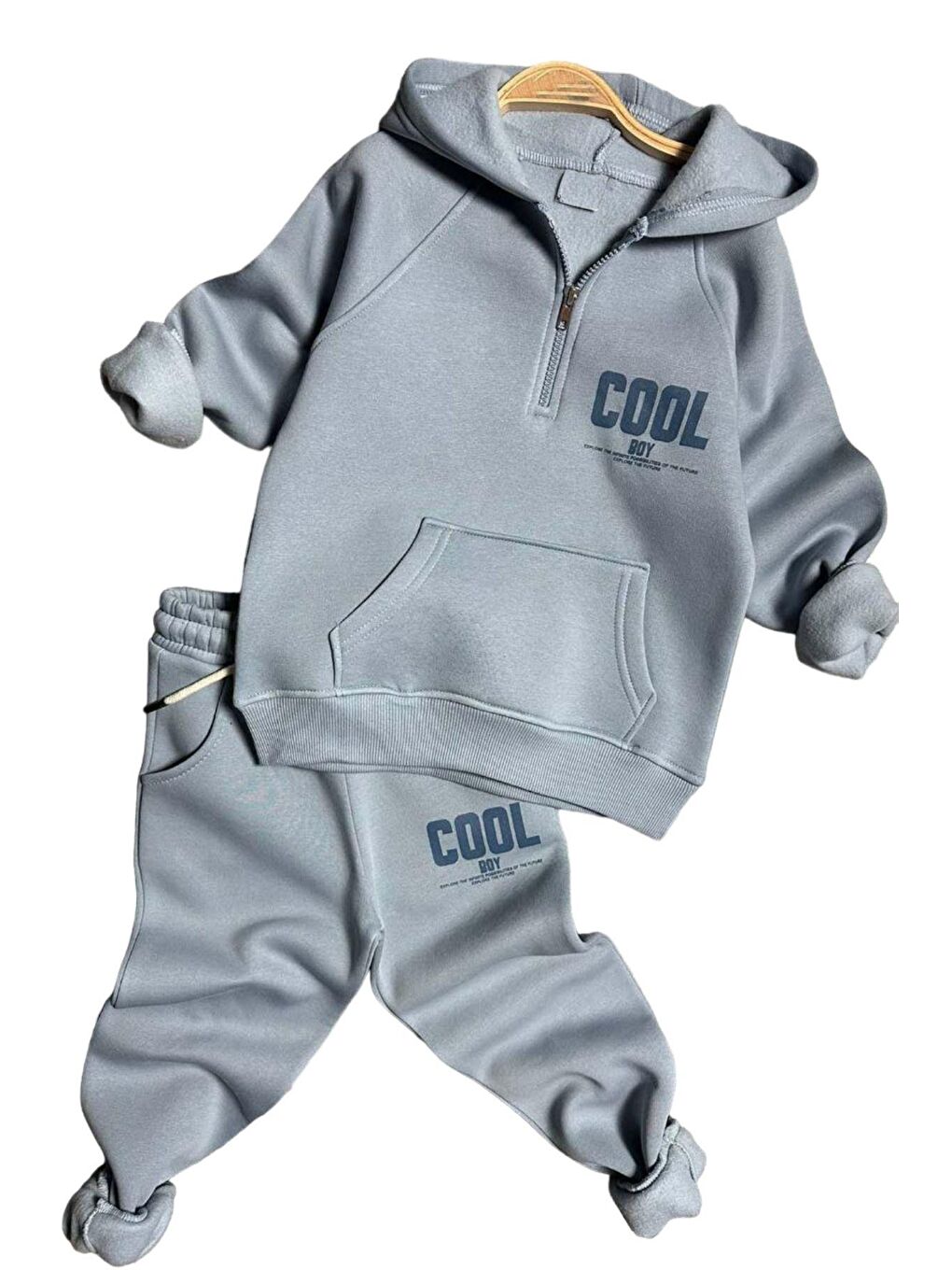 Riccotarz Erkek Çocuk Cool Boy Baskılı Fermuarlı Yaka Cepli Sweatshirt Buz Mavisi Eşofman Takım