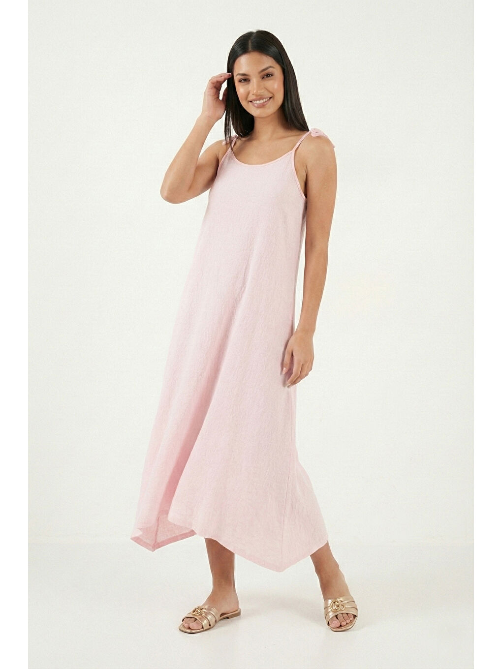Pembe Regular Fit İp Askılı Uzun Kadın Elbise 5865732-4