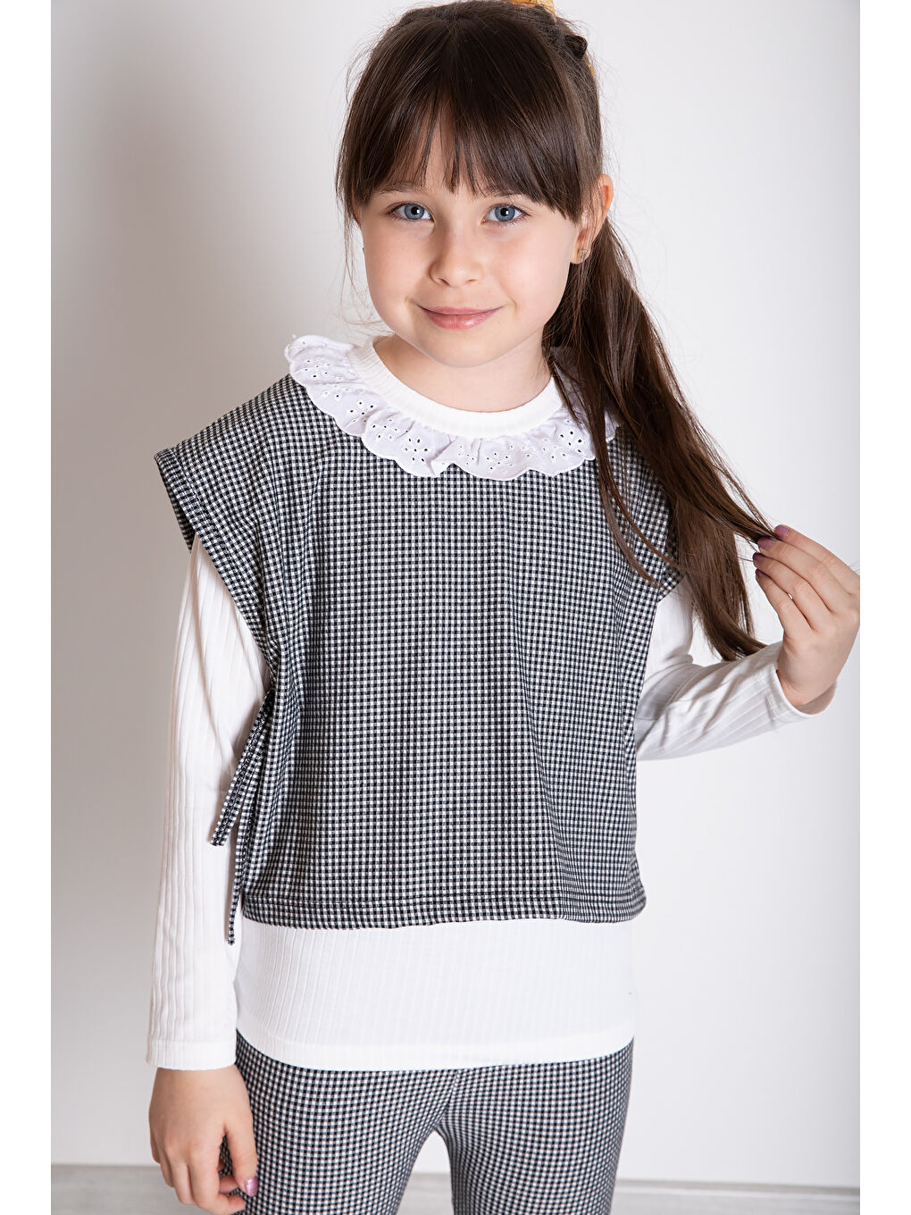 Siyah Ekose Desenli Süveterli Pantolonlu Kız Çocuk Badili 3lü Takım 20371-1