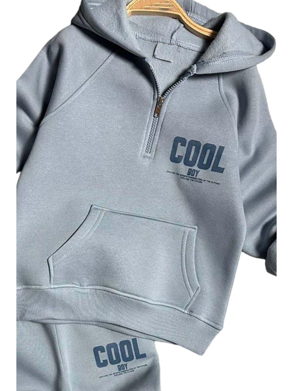 Riccotarz Erkek Çocuk Cool Boy Baskılı Fermuarlı Yaka Cepli Sweatshirt Buz Mavisi Eşofman Takım - 1