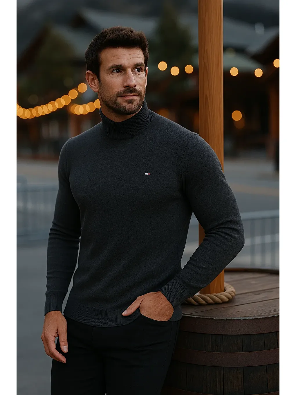 Gri Erkek Basic Kışlık Yarım Boğazlı Uzun Füme Kazak