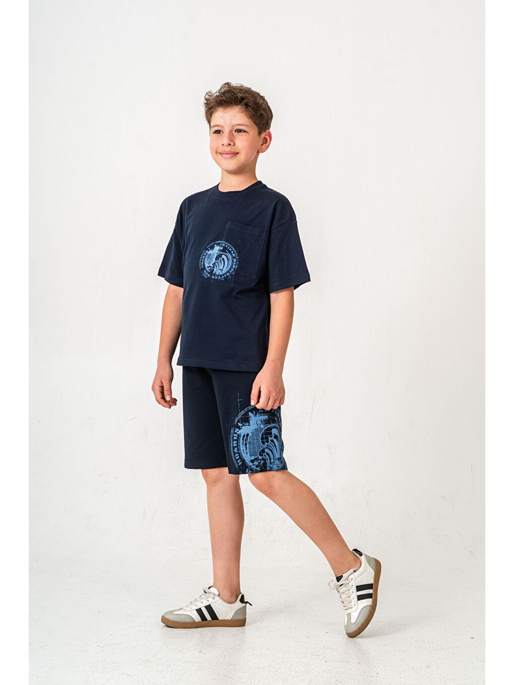 Lacivert Ust Cepli Ust Cep Baskılı Arka Baskılı Erkek Çocuk Şort - Tişört Takımı-3