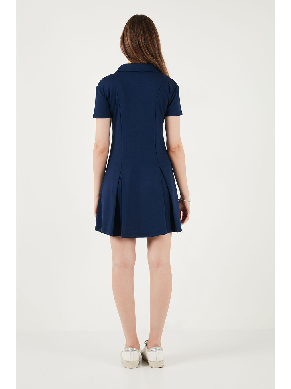 Lacivert Fitted Fit Klasik Yaka Fermuar Detaylı Pileli Kadın Mini Elbise 5866659-6