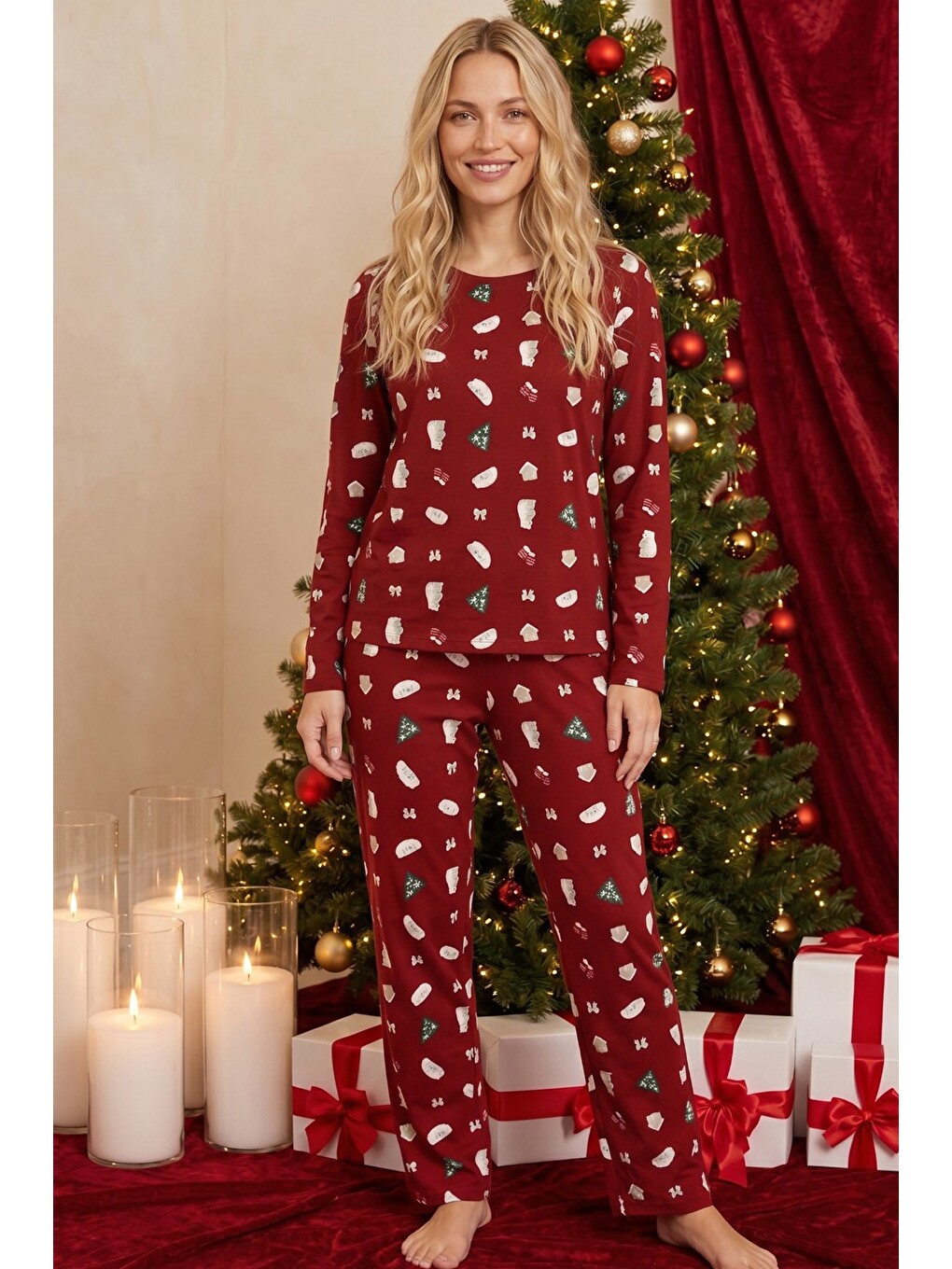 Bordo Yılbaşı Temalı Desenli Termal Kumaşlı Ultra Soft Yumuşak Örme Pijama Takımı-1