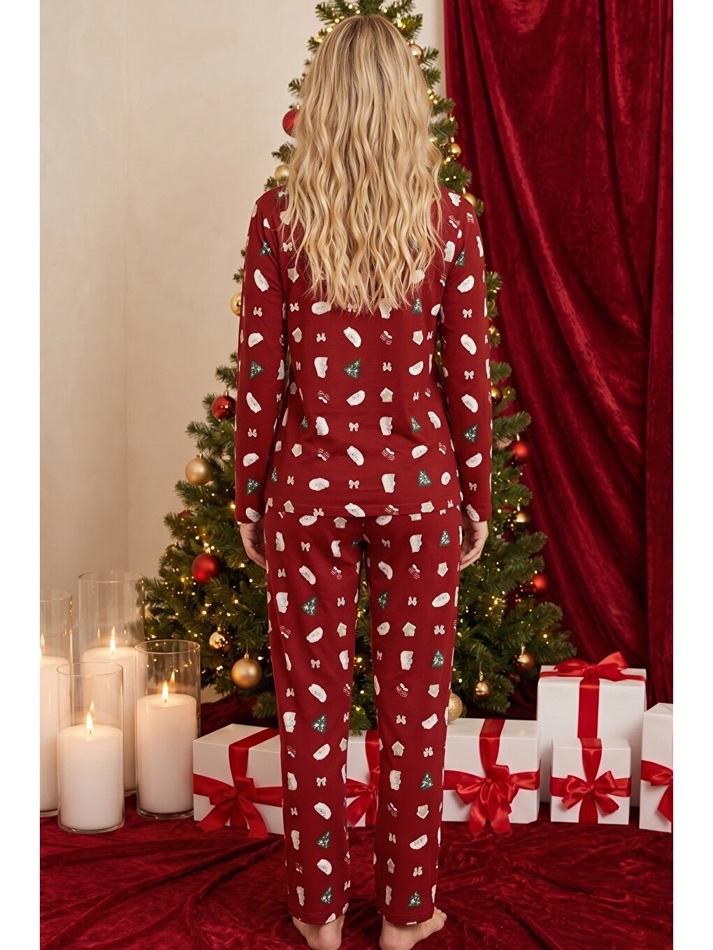 Bordo Yılbaşı Temalı Desenli Termal Kumaşlı Ultra Soft Yumuşak Örme Pijama Takımı-2