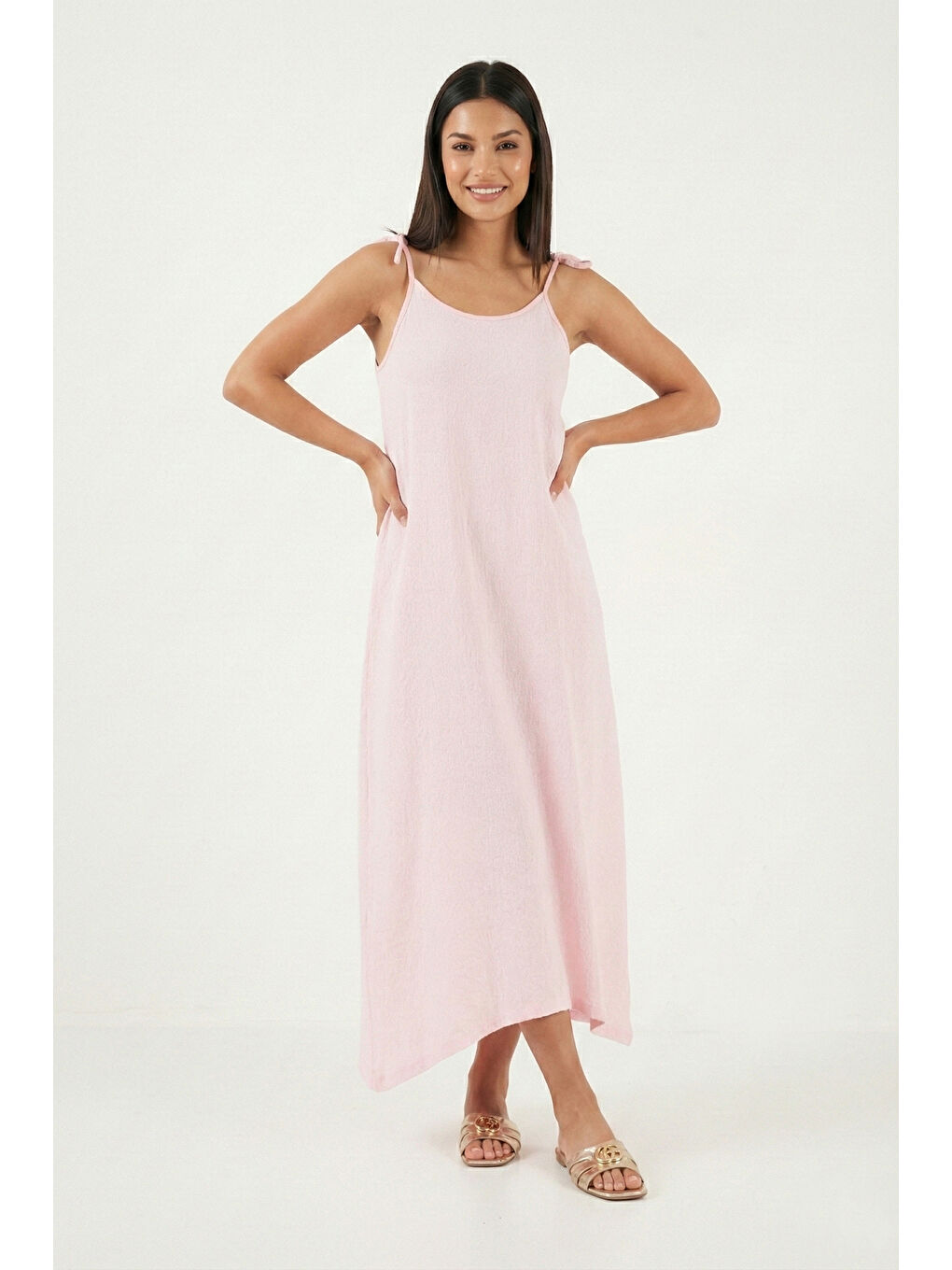 Pembe Regular Fit İp Askılı Uzun Kadın Elbise 5865732-5