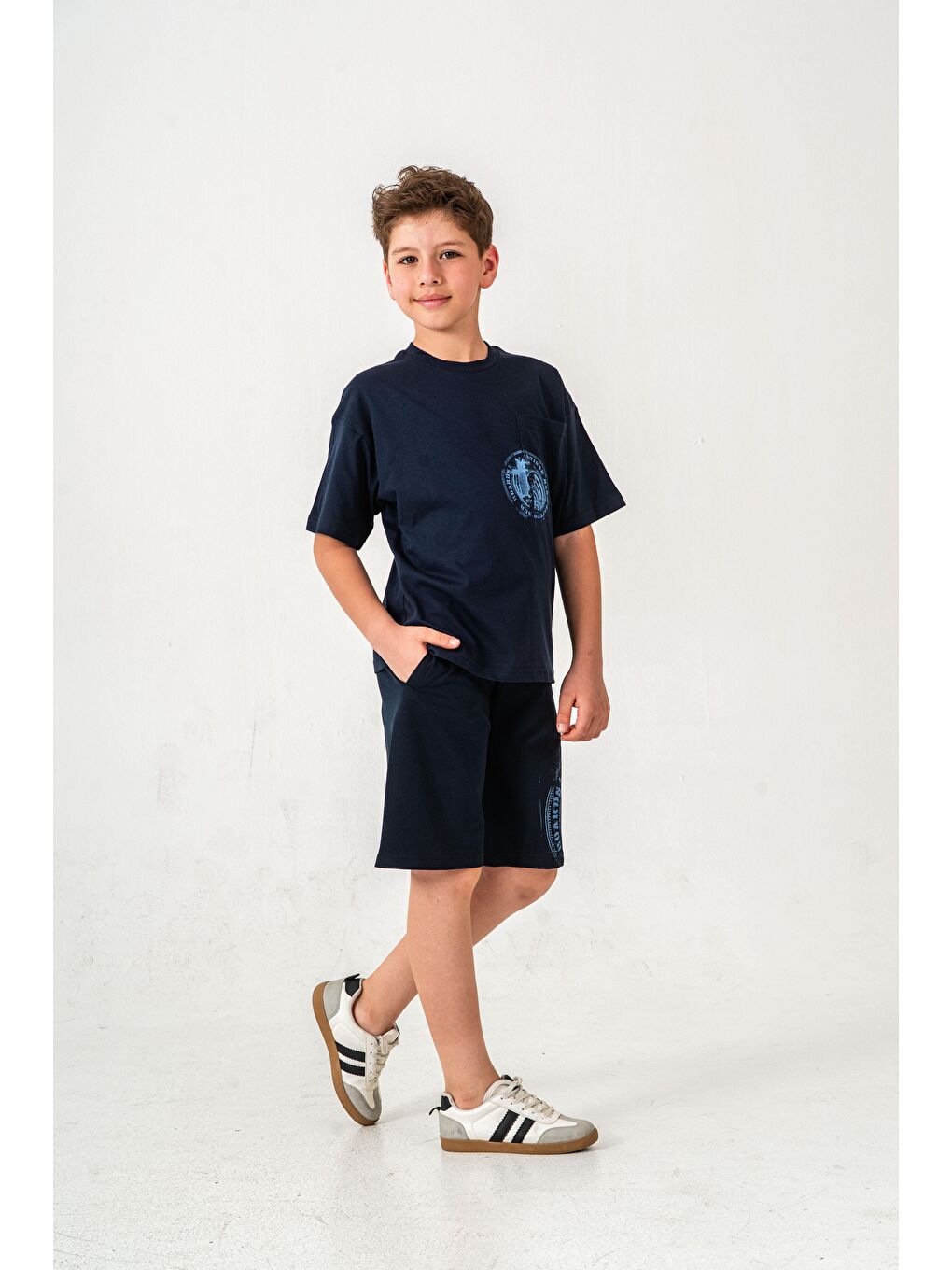 Lacivert Ust Cepli Ust Cep Baskılı Arka Baskılı Erkek Çocuk Şort - Tişört Takımı-4