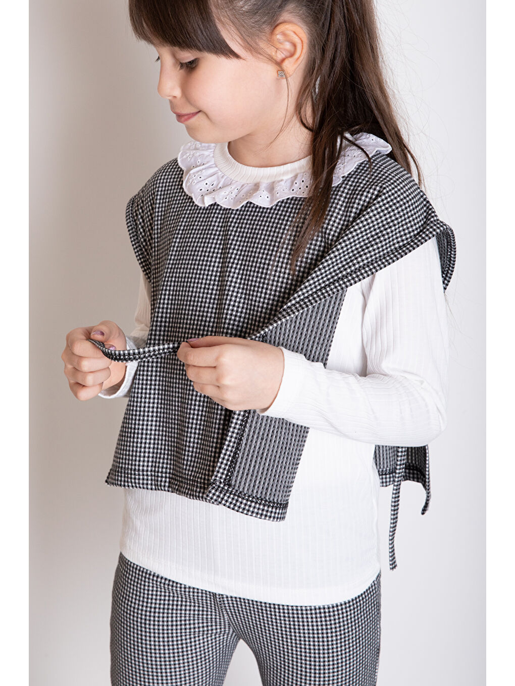 Siyah Ekose Desenli Süveterli Pantolonlu Kız Çocuk Badili 3lü Takım 20371-3