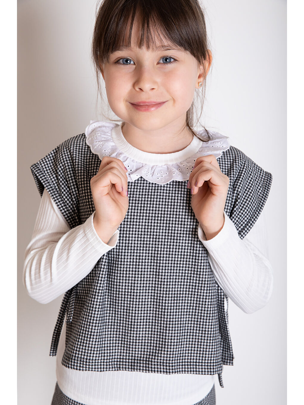 Siyah Ekose Desenli Süveterli Pantolonlu Kız Çocuk Badili 3lü Takım 20371-4
