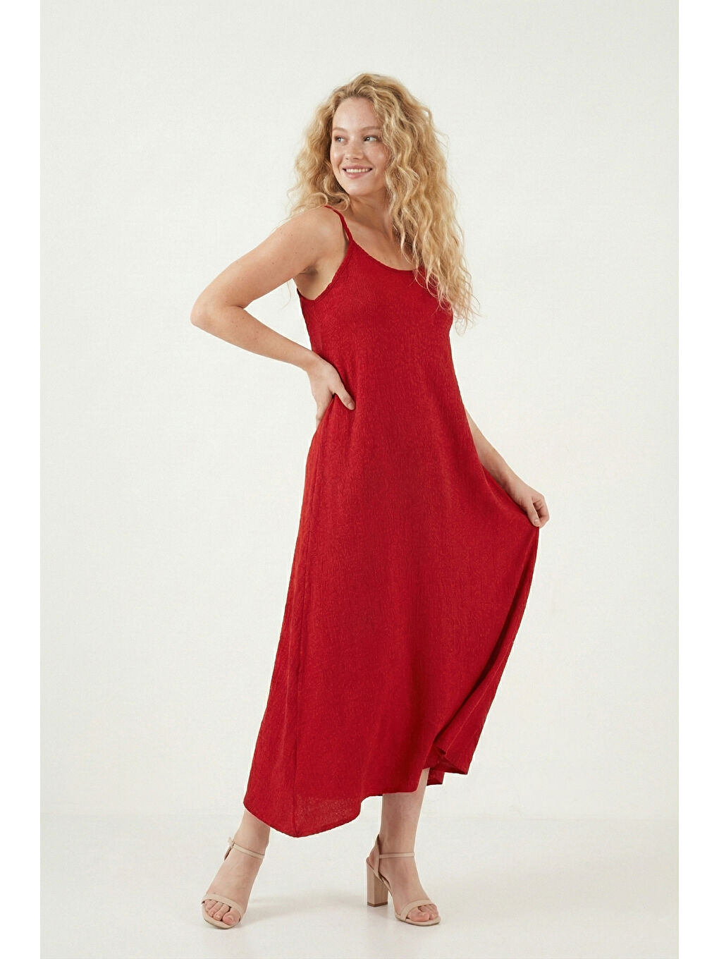 Kırmızı Regular Fit İp Askılı Uzun Kadın Elbise 5865732-4